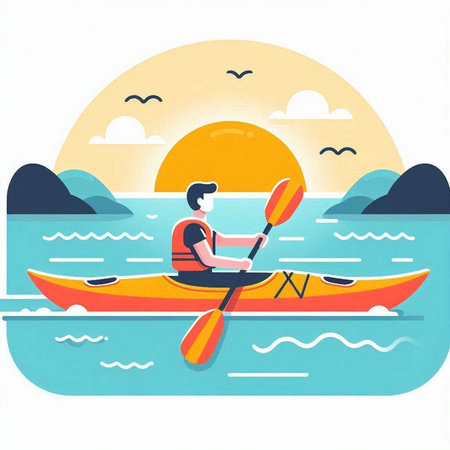 Man in a kayak on the sea. Flat design vector illustration.のイラスト素材