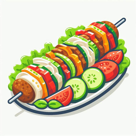 Shish kebab on skewers with vegetables. Vector illustrationのイラスト素材