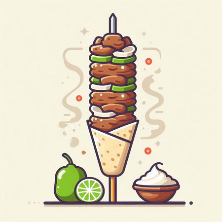 Kebab with lime and ice cream. Vector illustration in flat styleのイラスト素材