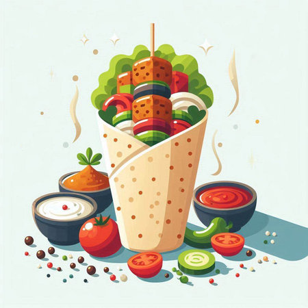 Vector illustration of kebab with vegetables and sauces in paper bagのイラスト素材