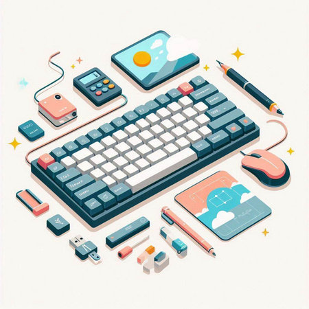 Flat 3d isometric illustration of computer keyboard, mouse, pencil, mobile phone, tablet, smart phone.のイラスト素材