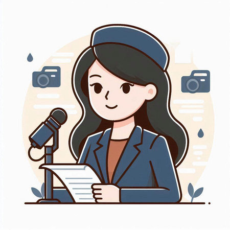Illustration of a female reporter holding a microphone and writing a reportのイラスト素材