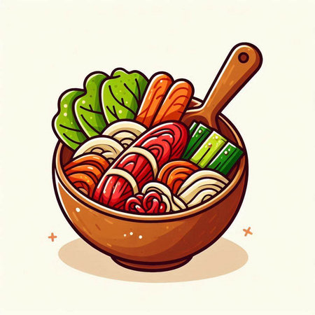 Noodles in a bowl with a wooden spoon. Vector illustration.のイラスト素材