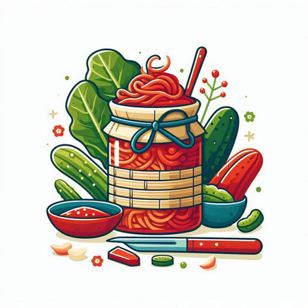 Vector illustration of a jar of pickled cucumbers and tomatoes.のイラスト素材