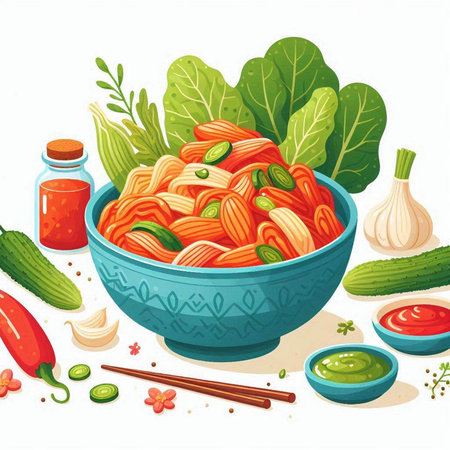 Vector illustration of bowl of pasta with tomato sauce, garlic, cucumber and herbsのイラスト素材