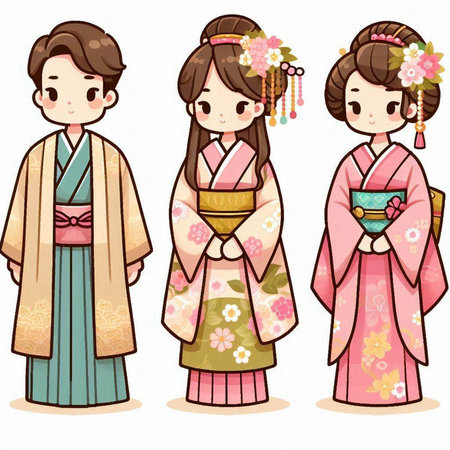 Japanese girls in kimono and tea ceremony. Vector illustration.のイラスト素材