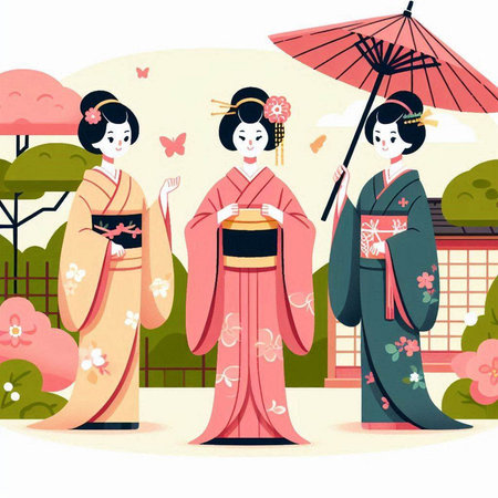 Japanese girls with kimono in the garden. Vector illustration.のイラスト素材