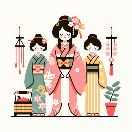 Japanese girls in traditional kimono. Vector illustration in flat style.のイラスト素材