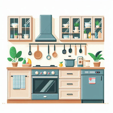 Kitchen interior with furniture and kitchenware. Vector illustration in flat styleのイラスト素材
