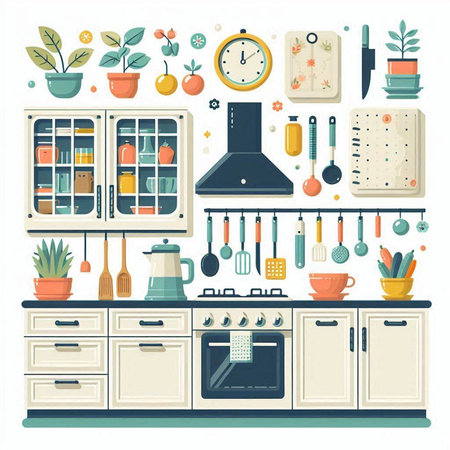 Kitchen interior with furniture and kitchenware. Vector illustration in flat styleのイラスト素材