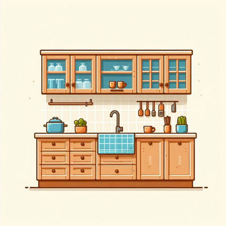 Kitchen interior with furniture and utensils. Vector illustration.のイラスト素材