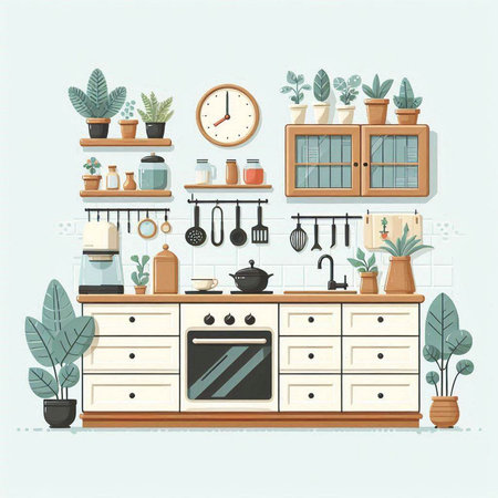 Kitchen interior with furniture and accessories. Vector illustration in flat style.のイラスト素材