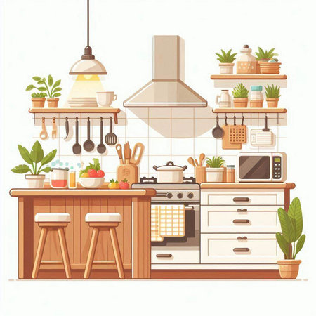 Kitchen interior with furniture and kitchenware. Vector illustration in cartoon styleのイラスト素材