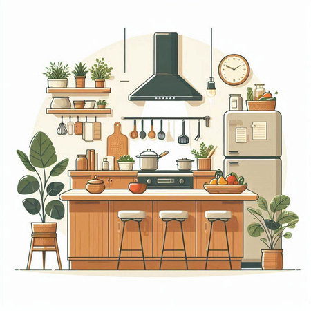 Kitchen interior with furniture and kitchenware. Vector illustration in flat styleのイラスト素材