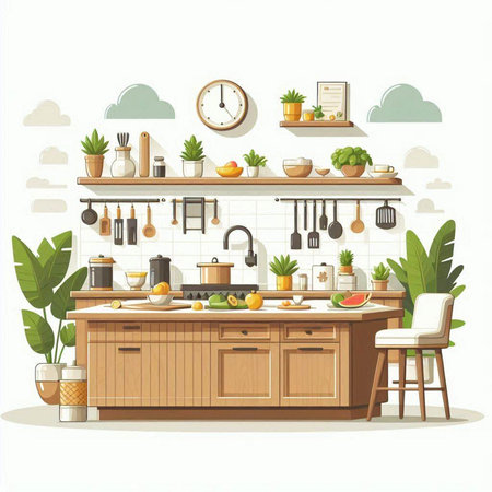 Kitchen interior with furniture and equipment. Flat style vector illustration.のイラスト素材