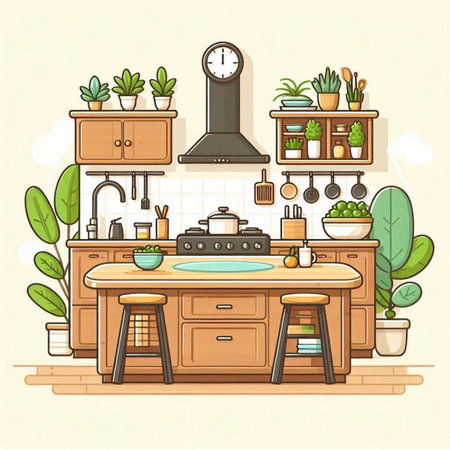 Kitchen interior with furniture. Vector illustration in a flat style.のイラスト素材