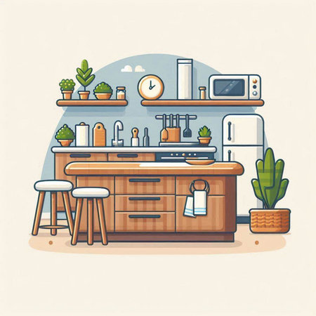 Kitchen interior with furniture and equipment. Vector illustration in flat styleのイラスト素材