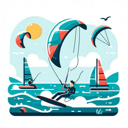 Windsurfing. Windsurfing. Vector illustration in flat styleのイラスト素材