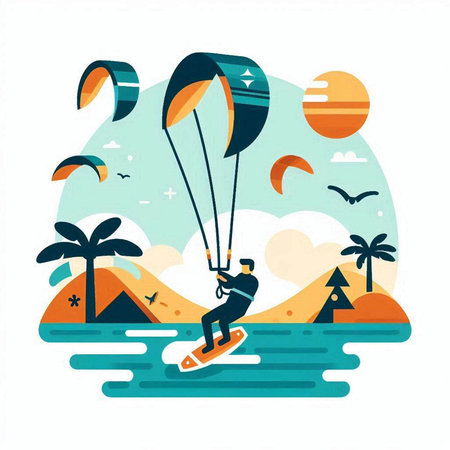 Kite surfing on the sea. Vector illustration in flat style.のイラスト素材