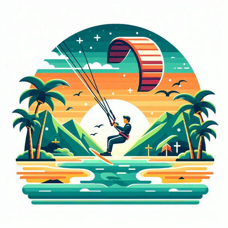 Kitesurfing on the beach with palm trees. Vector illustrationのイラスト素材
