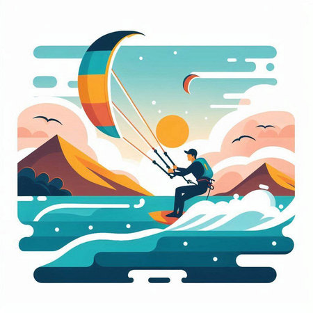 Man kitesurfing in the sea. Vector illustration in flat styleのイラスト素材