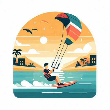 Kitesurfing. Water sport. Vector illustration in flat styleのイラスト素材