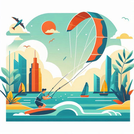 Kite surfing in the city. Vector illustration in flat style.のイラスト素材