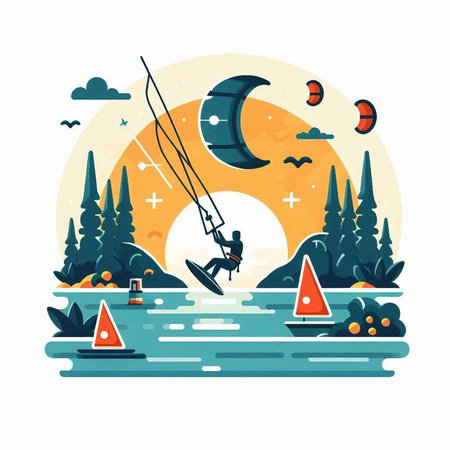 Kitesurfing on the lake. Vector illustration in flat styleのイラスト素材