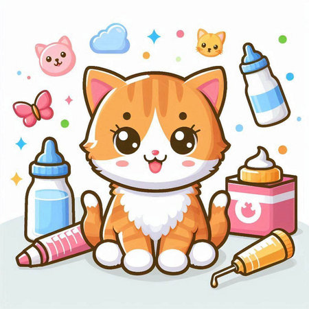 Cute cat with a bottle of milk. Vector illustration in cartoon styleのイラスト素材