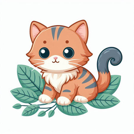 Cute cat sitting on green leaves isolated on white background. Vector illustration.のイラスト素材