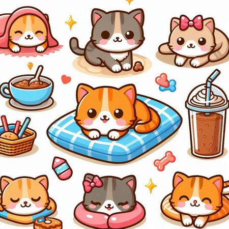 Cute cats in different positions with drinks and food. Vector illustration.のイラスト素材