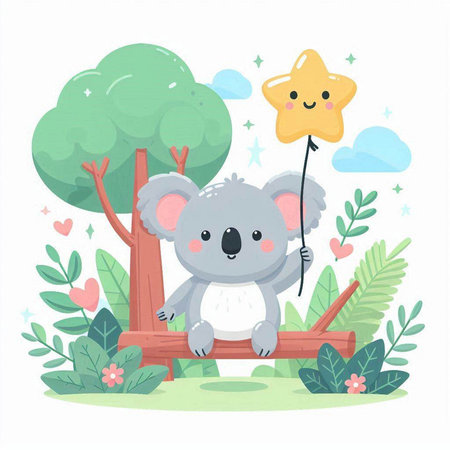 Cute koala with star in the park. Vector illustration.のイラスト素材