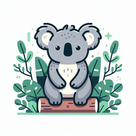 Cute koala sitting on a log with leaves. Vector illustration.のイラスト素材
