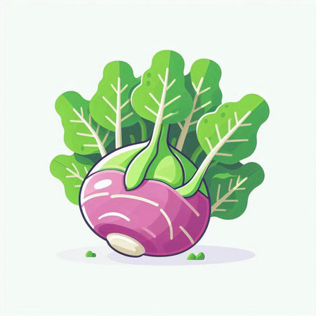 Cute kohlrabi with green leaves. Vector illustration.のイラスト素材