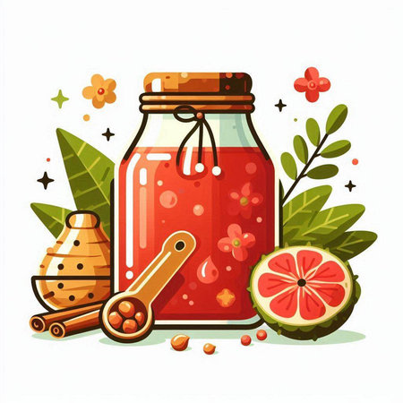 Grapefruit jam in a glass jar and ingredients. Vector illustration.のイラスト素材