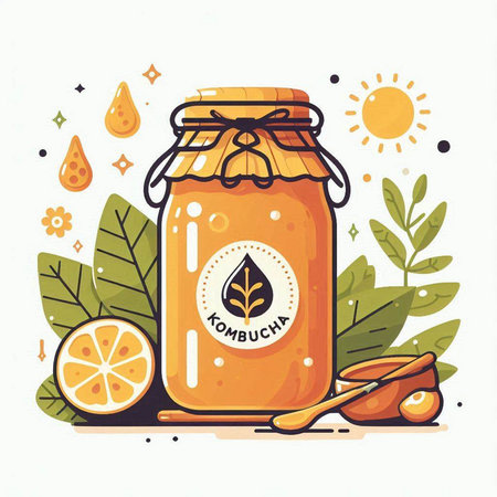 Vector illustration of a jar of honey with a spoon, lemon and leaves.のイラスト素材