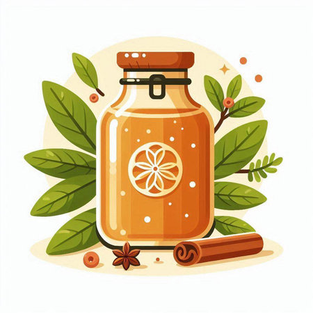 Honey jar with cinnamon, star anise and orange. Vector illustrationのイラスト素材