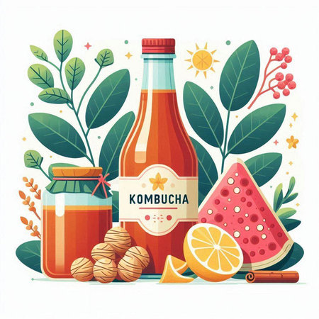 Vector illustration of a bottle of kombucha with ingredients for making kombucha.のイラスト素材