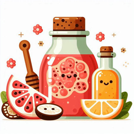 Vector illustration of a bottle of lemonade with ingredients, fruits and honey.のイラスト素材
