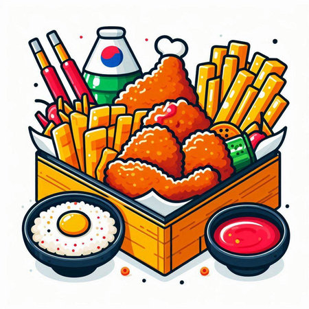 Fast food vector illustration. Fast food in a wooden box on a white background.のイラスト素材