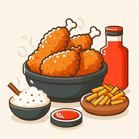 Illustration of fried chicken in bowl with sauce and french fries.のイラスト素材