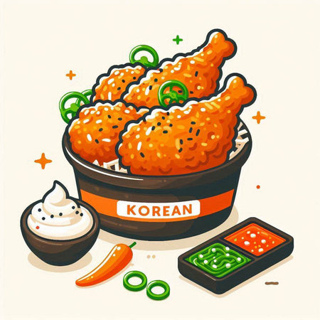 Korean food. Fried chicken in a bowl. Vector illustration.のイラスト素材