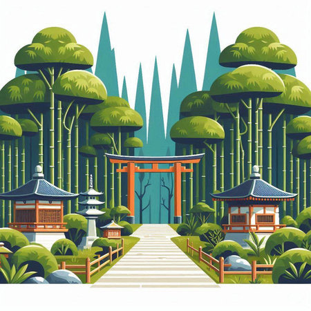 Japanese temple in the forest. Vector illustration in a flat style.のイラスト素材