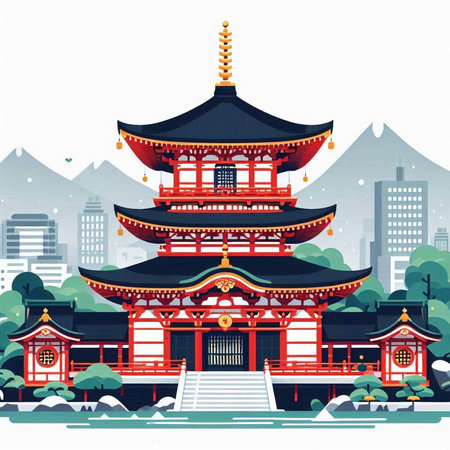 Japanese temple in the city. Vector Illustration. Eps 10.のイラスト素材