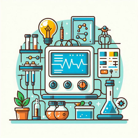 Vector flat design illustration of laboratory equipment. Concept of science, chemistry, biology, medicine.のイラスト素材
