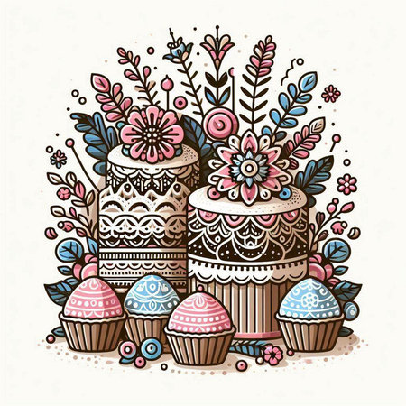 Cupcakes with floral ornament. Vector illustration. Vintage style.のイラスト素材