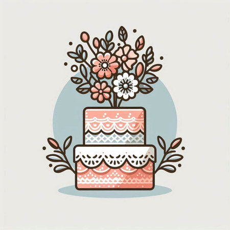 Cake with flowers in a vase. Hand drawn vector illustration.のイラスト素材