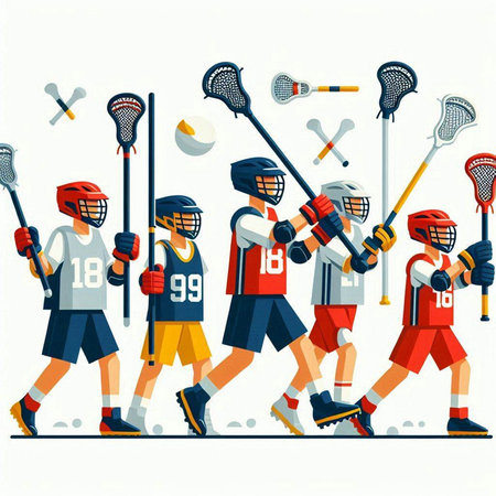 Lacrosse players. Vector illustration of a group of cartoon sportsmen.のイラスト素材