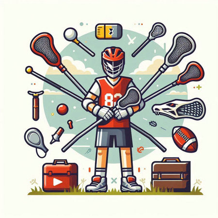 Vector illustration of a hockey player with a set of sport equipment.のイラスト素材