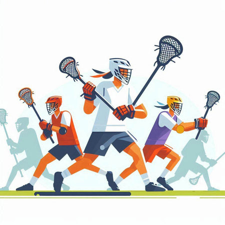 Lacrosse players, vector illustration in flat style. Group of professional players with sport equipment.のイラスト素材